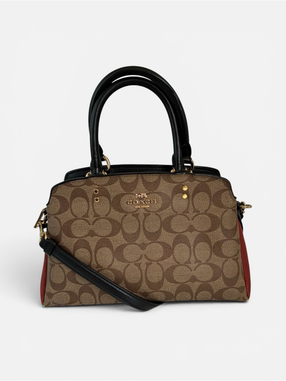Coach Brown Signature Satchel with Black Handles and Red Sides